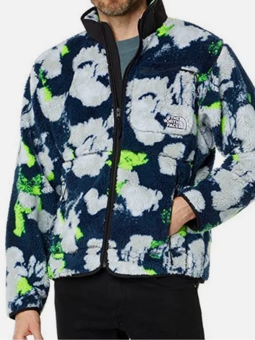 The North Face Mens Navy & White Sherpa Jacket with Neon Accents